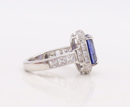 925 Sterling Silver Vintage Ring Designer Oval Sapphire Halo CZ  Sz 7.5  RG30052