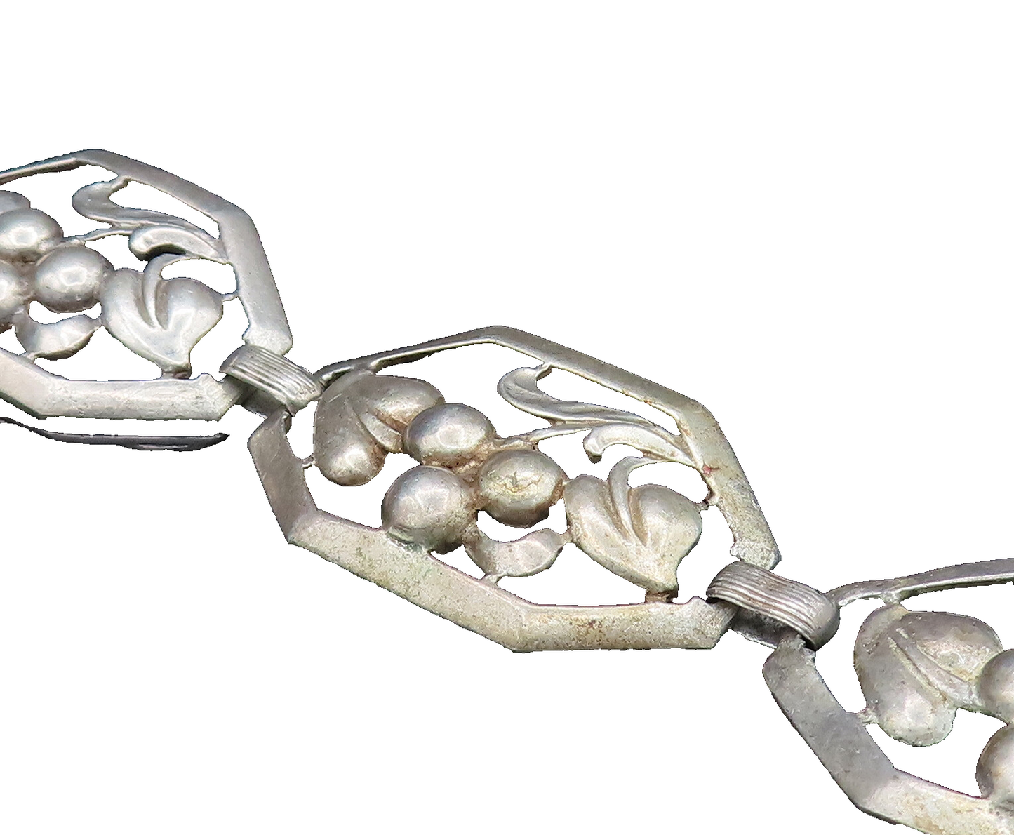 BAUR 925 Silver  Vintage Grapes & Leaf Motif Cutout Link Bracelet  BT9635