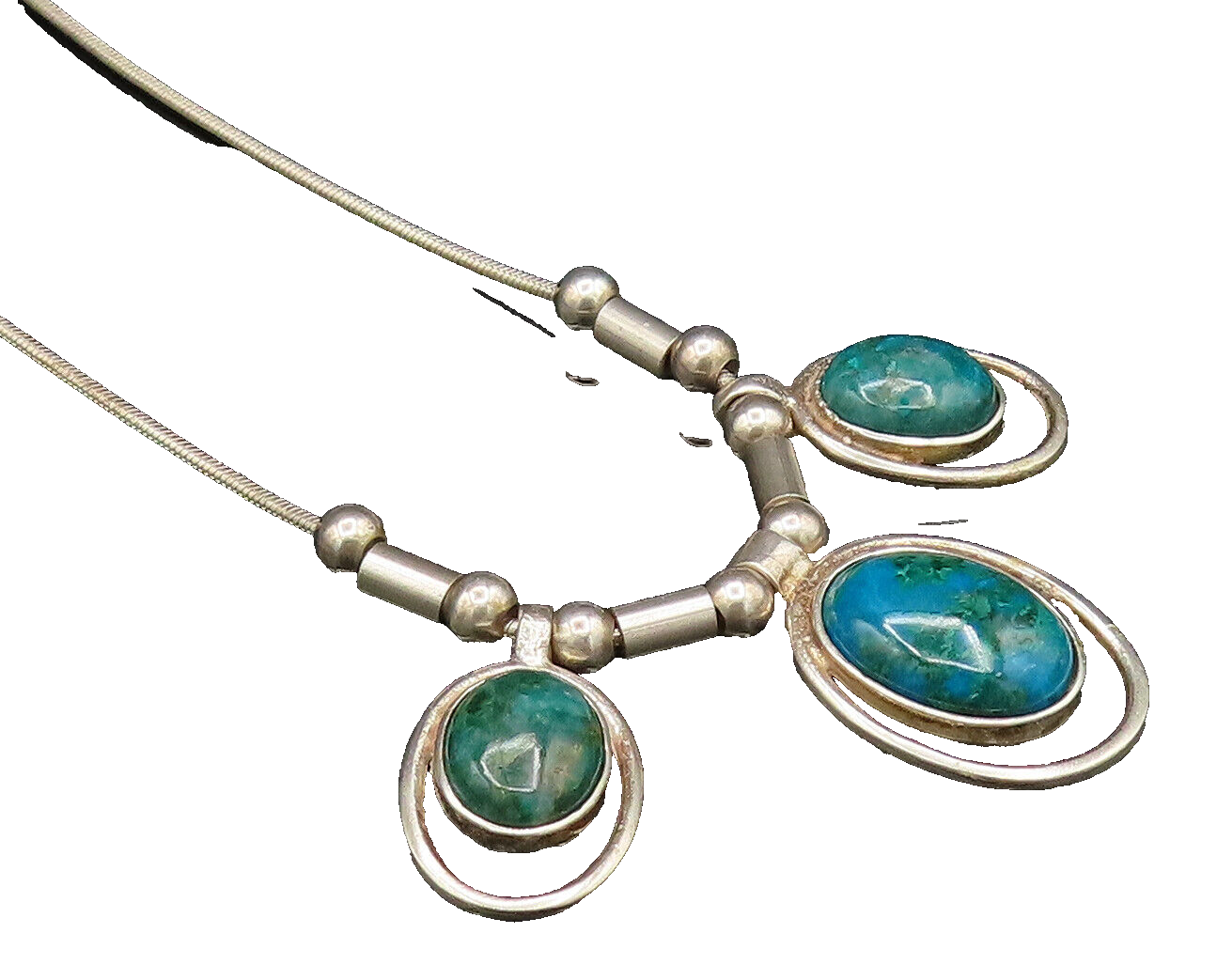 925 Silver  Vintage Three Stone Oval Chrysocolla & Beads Rope Necklace  NE3952
