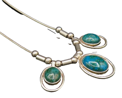 925 Silver  Vintage Three Stone Oval Chrysocolla & Beads Rope Necklace  NE3952
