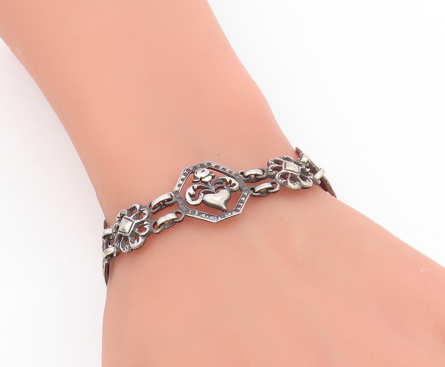 925 Sterling Silver Vintage Bracelet EUROPE Openwork Floral Love Heart  BT11736