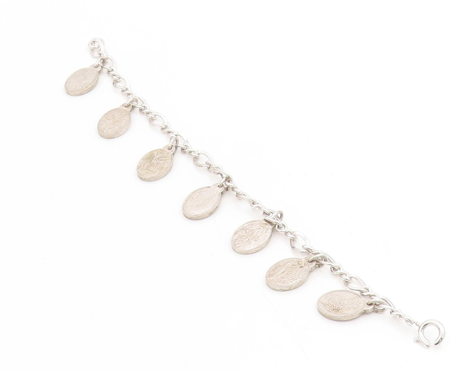 925 Sterling Silver Vintage Bracelet Seven Flowers of Love Oval Charm  BT11711