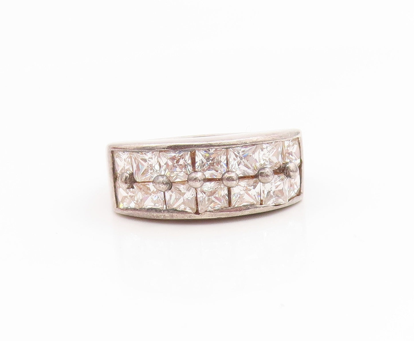 925 Sterling Silver Vintage Ring Square Cut CZ Double Row Band  Sz 8  RG35147