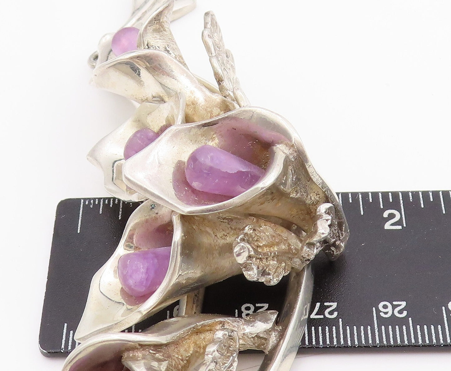 925 Sterling Silver Vintage Necklace MEXICO Heavy Cutout Gemstone Lily  NE4476