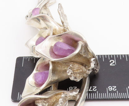 925 Sterling Silver Vintage Necklace MEXICO Heavy Cutout Gemstone Lily  NE4476