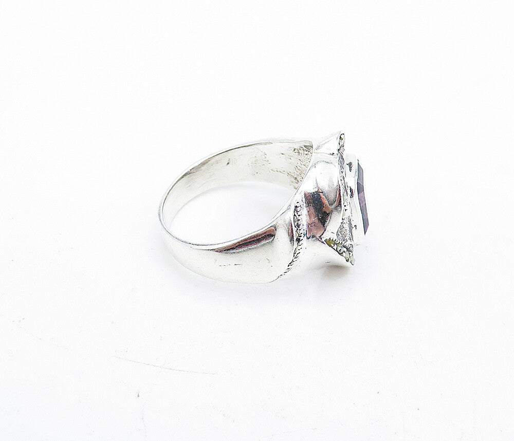 925 Sterling Silver  Amethyst & Marcasite Shiny Cocktail Ring Sz 7  RG5685
