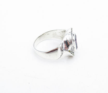 925 Sterling Silver  Amethyst & Marcasite Shiny Cocktail Ring Sz 7  RG5685