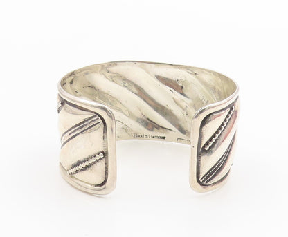 925 Sterling Silver Vintage Bracelet HAND & HAMMER Diagonal Grooved Cuff BT11769