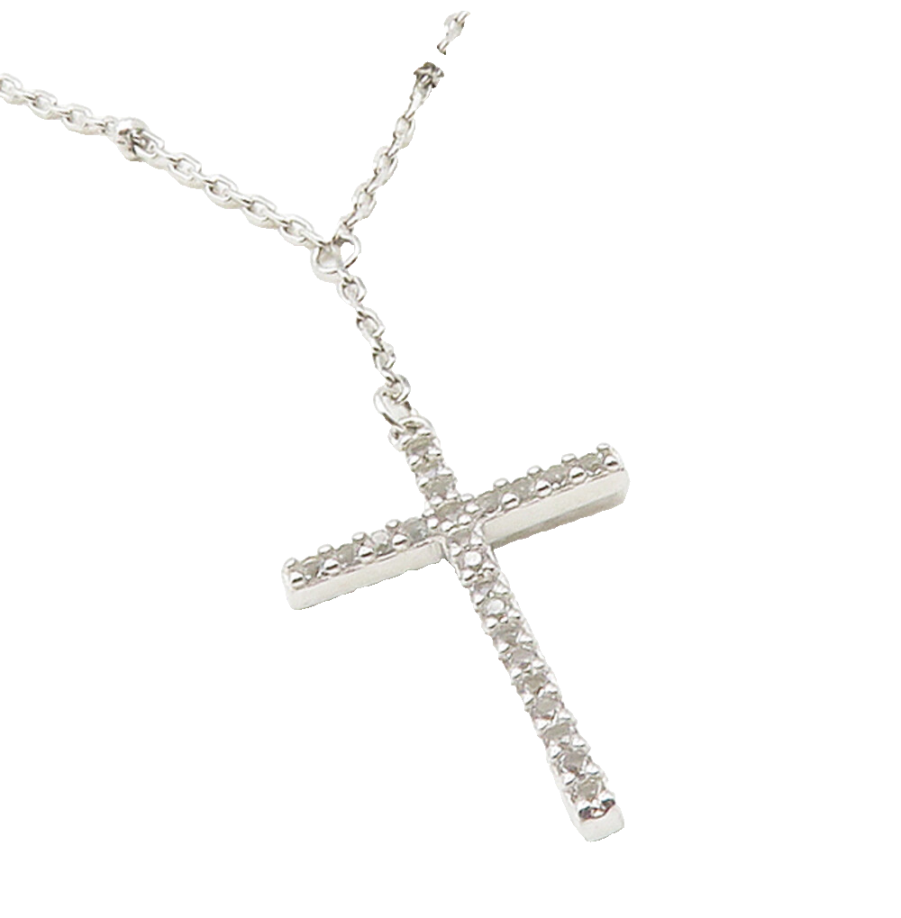925 Sterling Silver  Shiny White Topaz Religious Cross Chain Necklace  NE2048