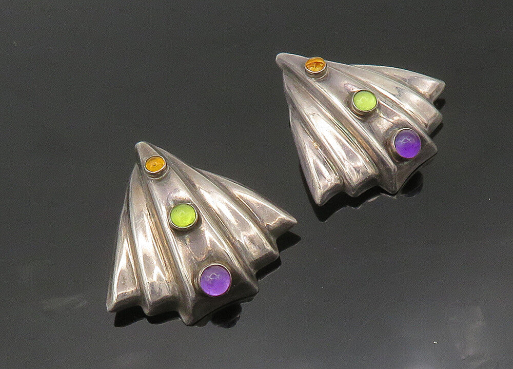 925 Silver Vintage Amethyst & Multi Stone Heavy Non Pierce Earrings EG10281