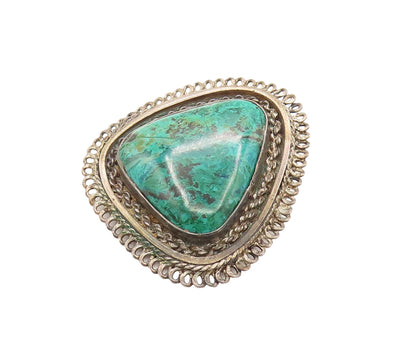 ISRAEL 925 Silver  Vintage Chained Border Chrysocolla Brooch Pin  BP10133