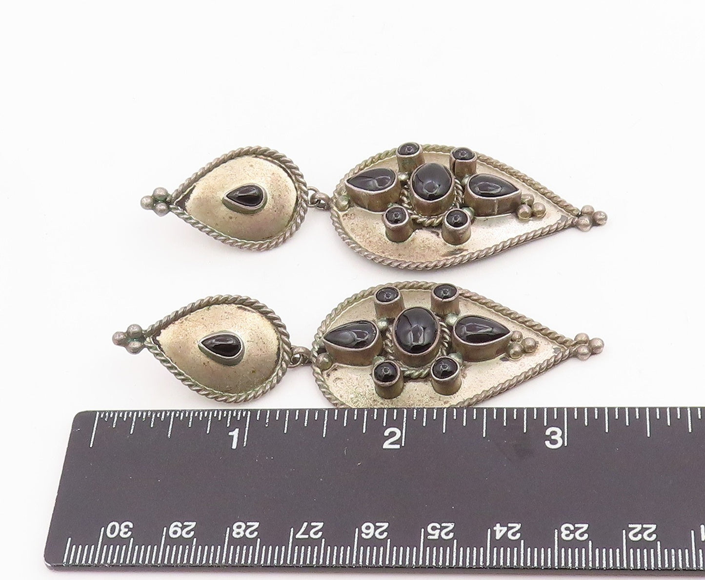 925 Sterling Silver Vintage Earrings Cabochon Onyx Floral Teardrop  EG14134