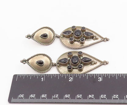 925 Sterling Silver Vintage Earrings Cabochon Onyx Floral Teardrop  EG14134