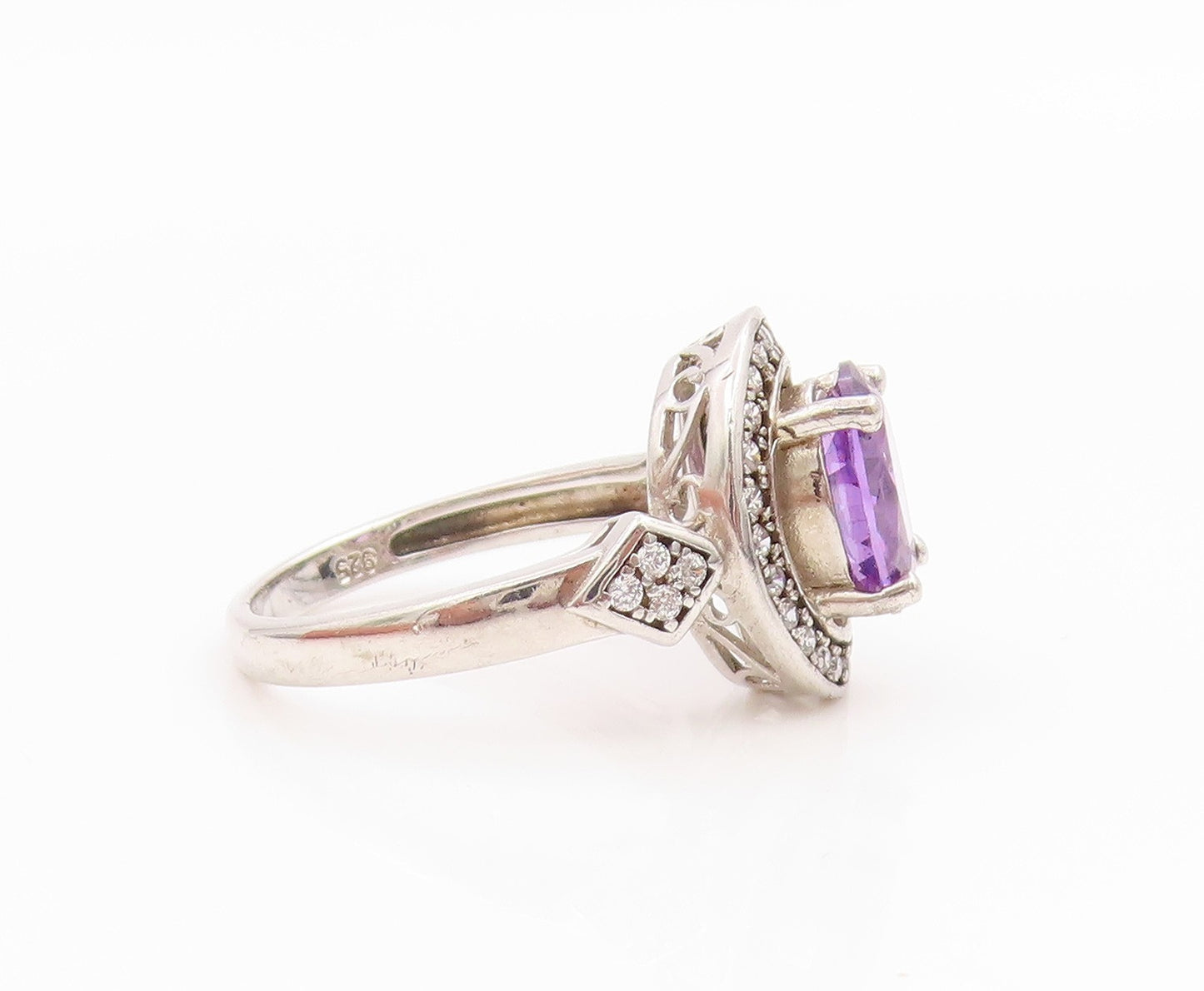 925 Sterling Silver Vintage Ring Elegant Amethyst Halo CZ Band  Sz 6  RG35826