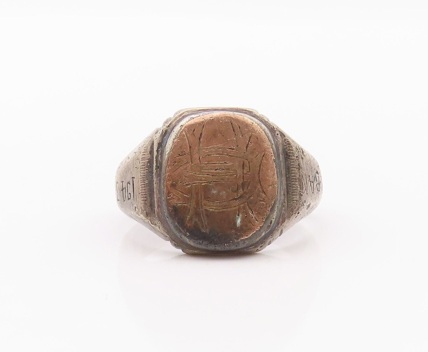 925 Sterling Silver Vintage Ring 1943 Antique Dark Tone Etched  SZ 8.5  RG32098