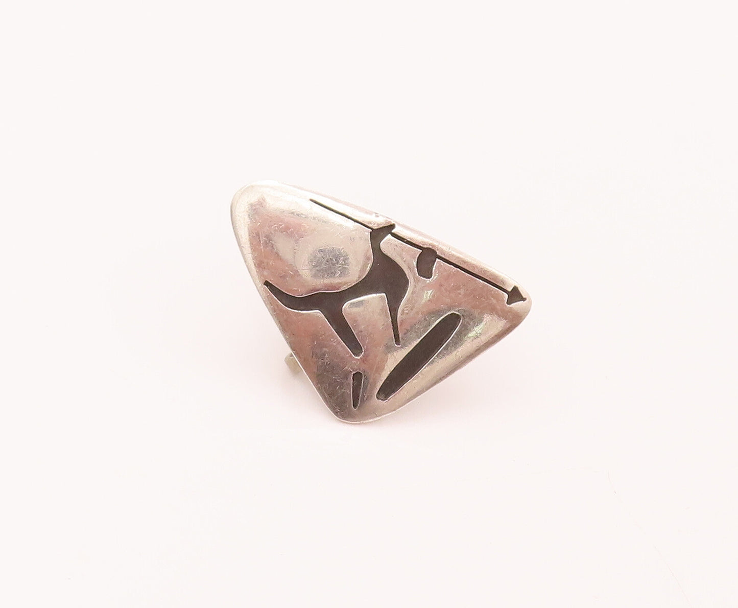 MEXICO 925 Silver  Vintage Modernist Wildlife Etched Triangle Earrings EG12471