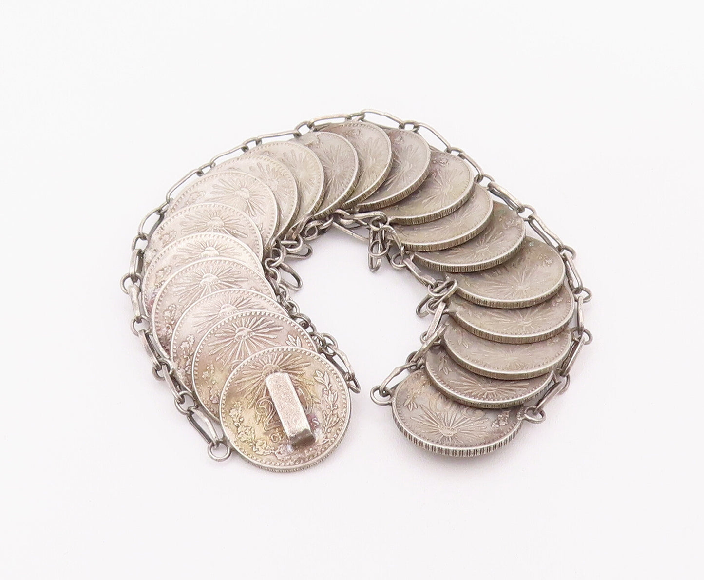 925 Sterling Silver Vintage Bracelet Mexican 20 Cent Chained Linked  BT10366