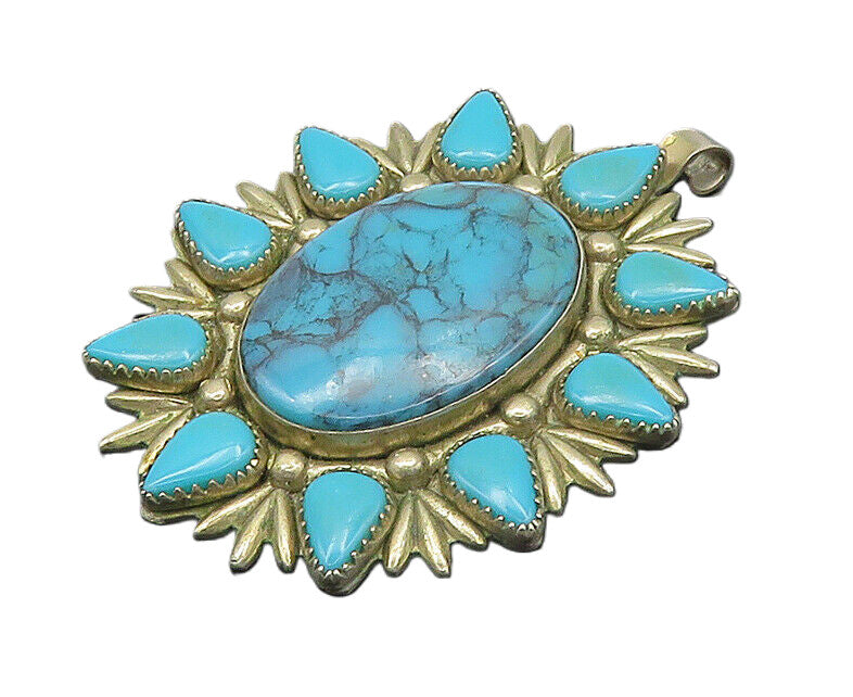 BELL 925 Sterling Silver  Vintage Turquoise Floral Motif Pendant  PT16778