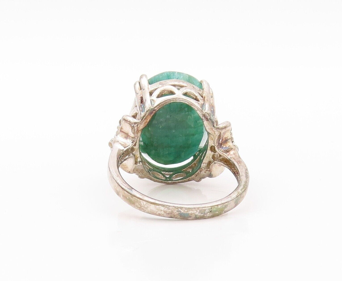 925 Sterling Silver Vintage Ring Diamonds Oval Cut Green Gemstone  Sz 8  RG30208