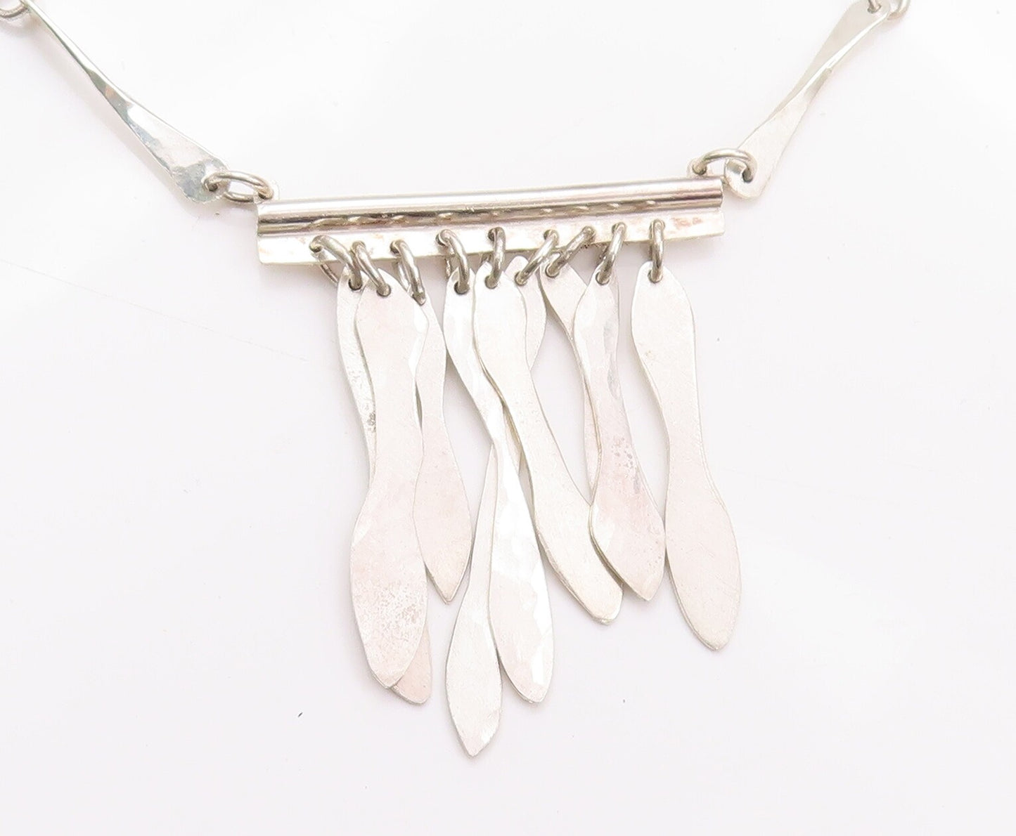 925 Sterling Silver Vintage Necklace Solid Trible Chips Link & Dangles  NE4274