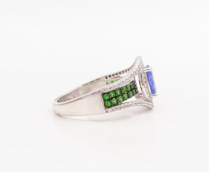 925 Sterling Silver Vintage Ring Oval Sapphire & 2 Tone CZ Band  Sz 8  RG30703