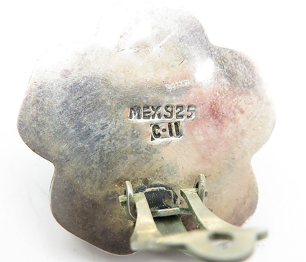 MEXICO 925 Silver  Vintage Dark Tone Flower Motif Non Pierce Earrings  EG2230