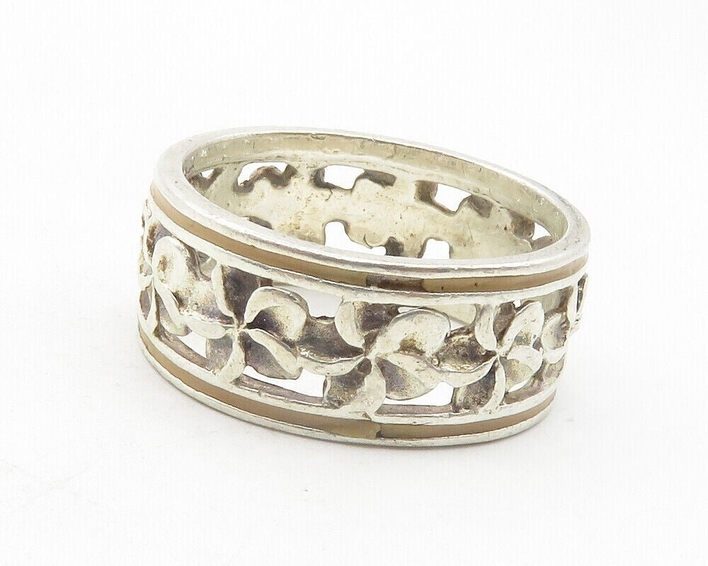 925 Sterling Silver  Vintage Flower Motif Round Band Ring Sz 8.5  RG11939