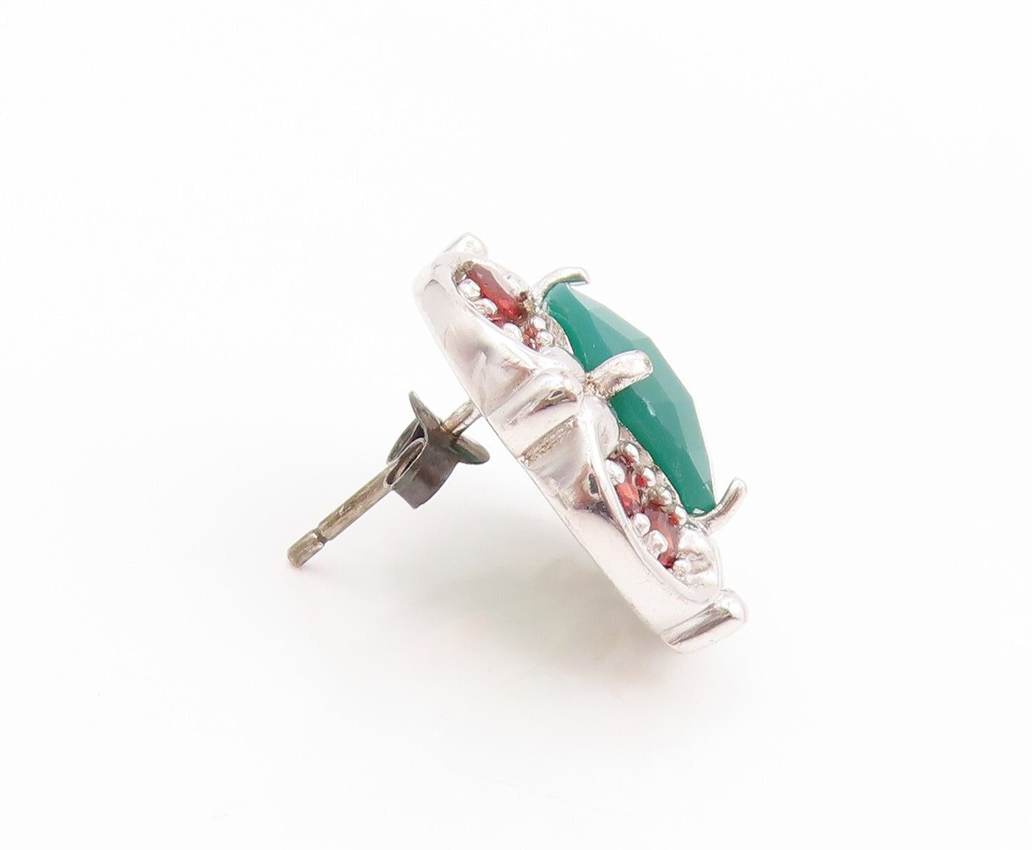 925 Sterling Silver Vintage Earrings Square Green Onyx & Garnet Flower  EG13388