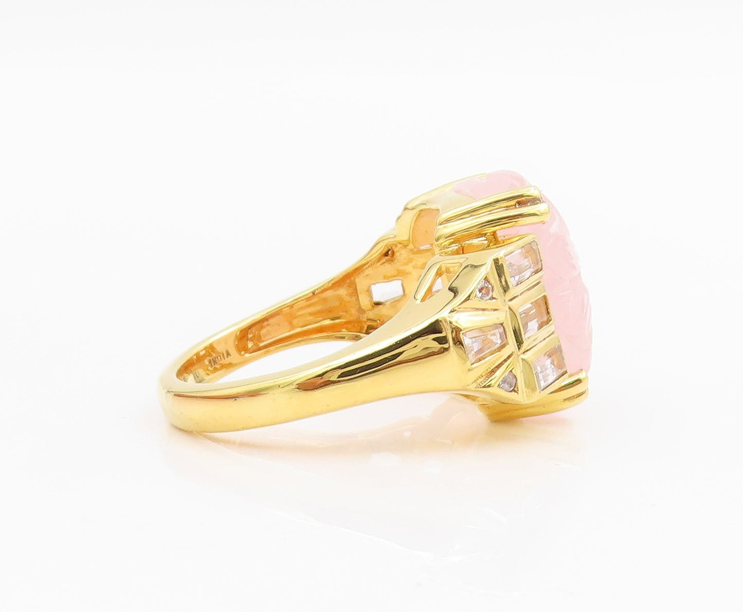 925 Sterling Silver Vintage Ring Gold Plated Carved Rose Quartz  Sz 10  RG34172