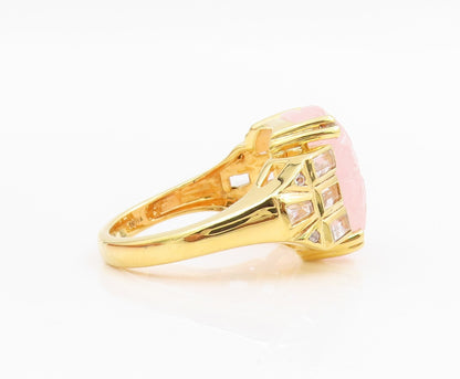 925 Sterling Silver Vintage Ring Gold Plated Carved Rose Quartz  Sz 10  RG34172