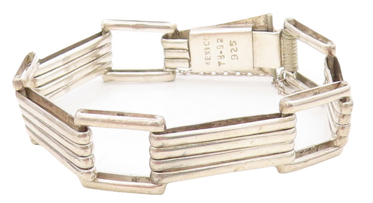 MEXICO 925 Sterling Silver  Vintage Fluted Bar Link Chain Bracelet  BT2809