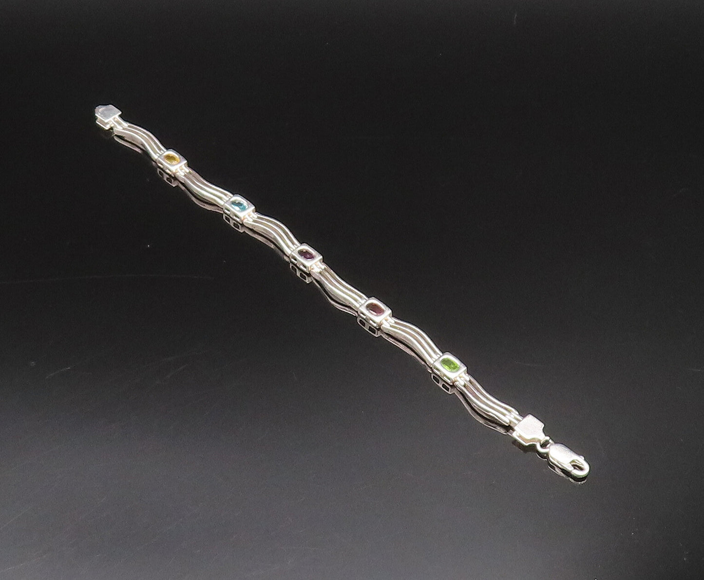 925 Silver  Vintage Peridot Garnet & Gemstones Open Row Link Bracelet  BT9722