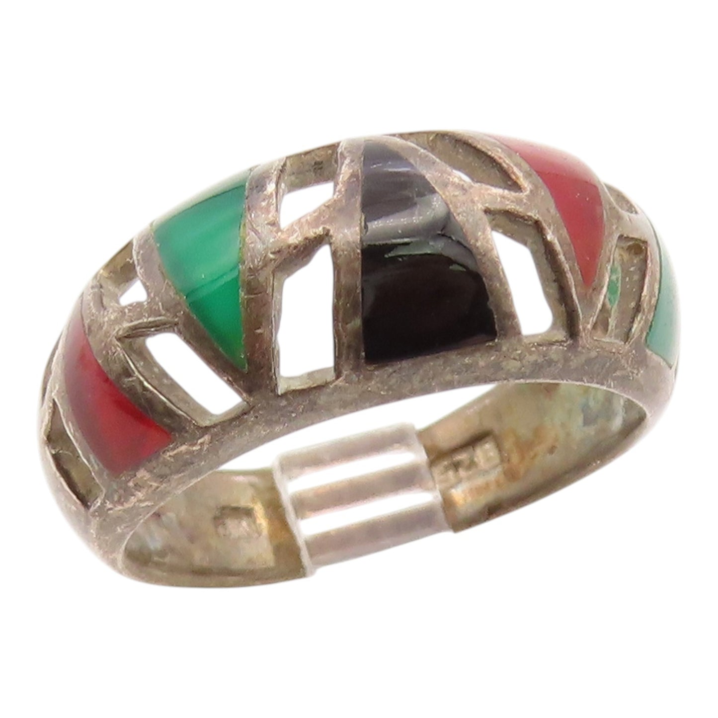 925 Sterling Silver Vintage Ring Multi Gemstone Geometric Cutout  Sz 10  RG35852