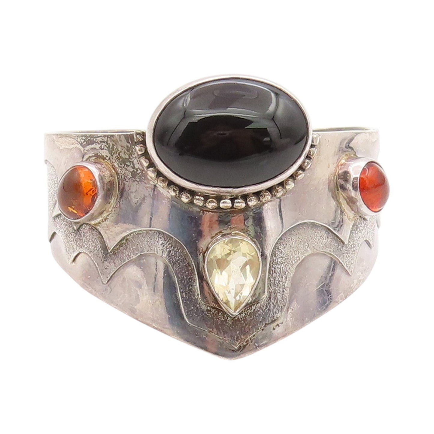 925 Sterling Silver Vintage Bracelet BALI Large Heavy Onyx Amber Topaz  BT11345