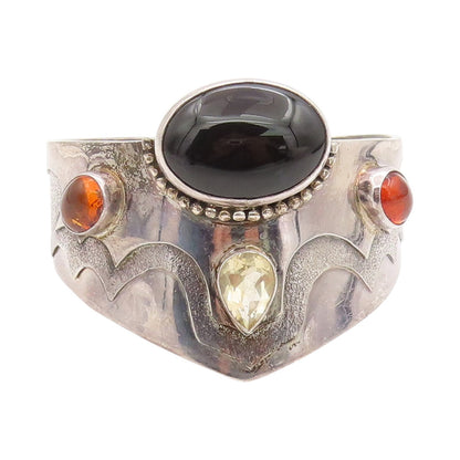 925 Sterling Silver Vintage Bracelet BALI Large Heavy Onyx Amber Topaz  BT11345