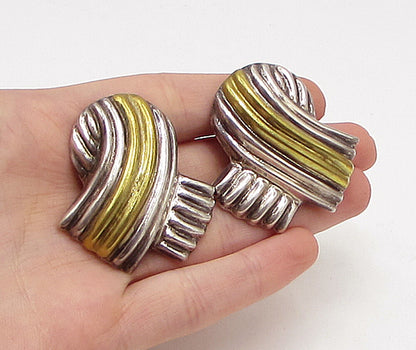 MEXICO 925 Sterling Silver Vintage 2 Tone Ribbon Tie Clip On Earrings EG1916