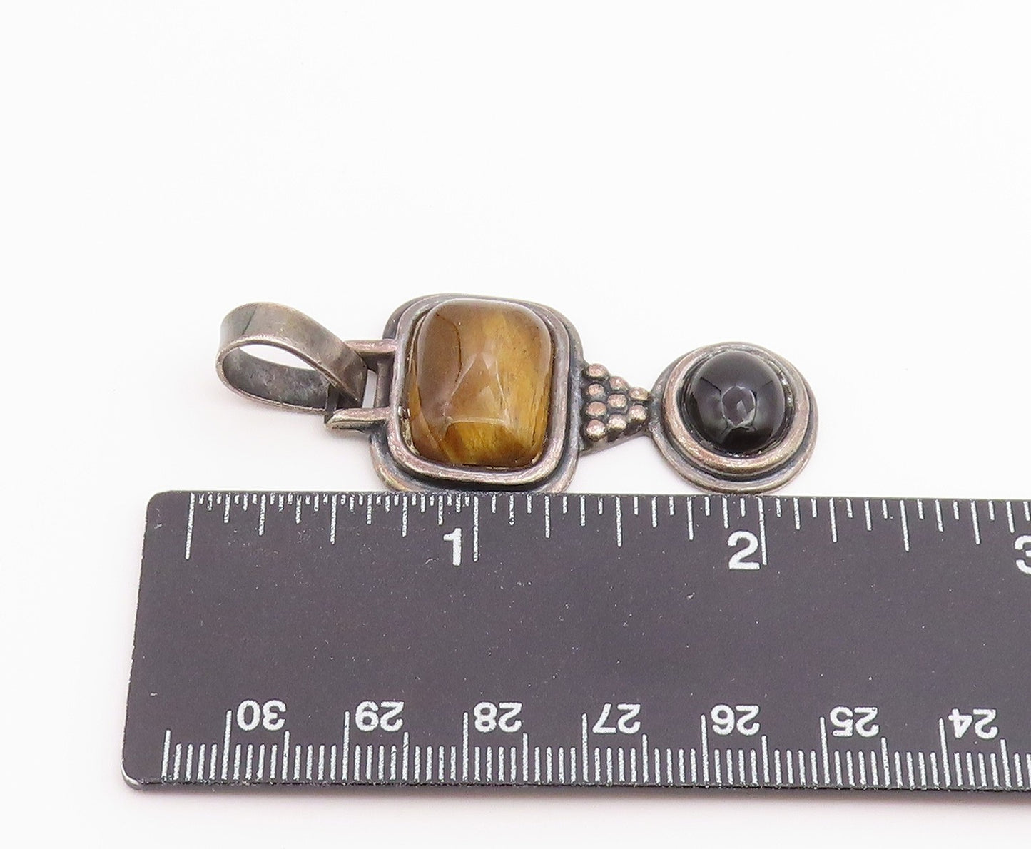 925 Sterling Silver Vintage Pendant Tiger's Eye & Black Onyx Charm  PT26536