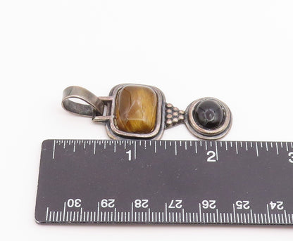 925 Sterling Silver Vintage Pendant Tiger's Eye & Black Onyx Charm  PT26536