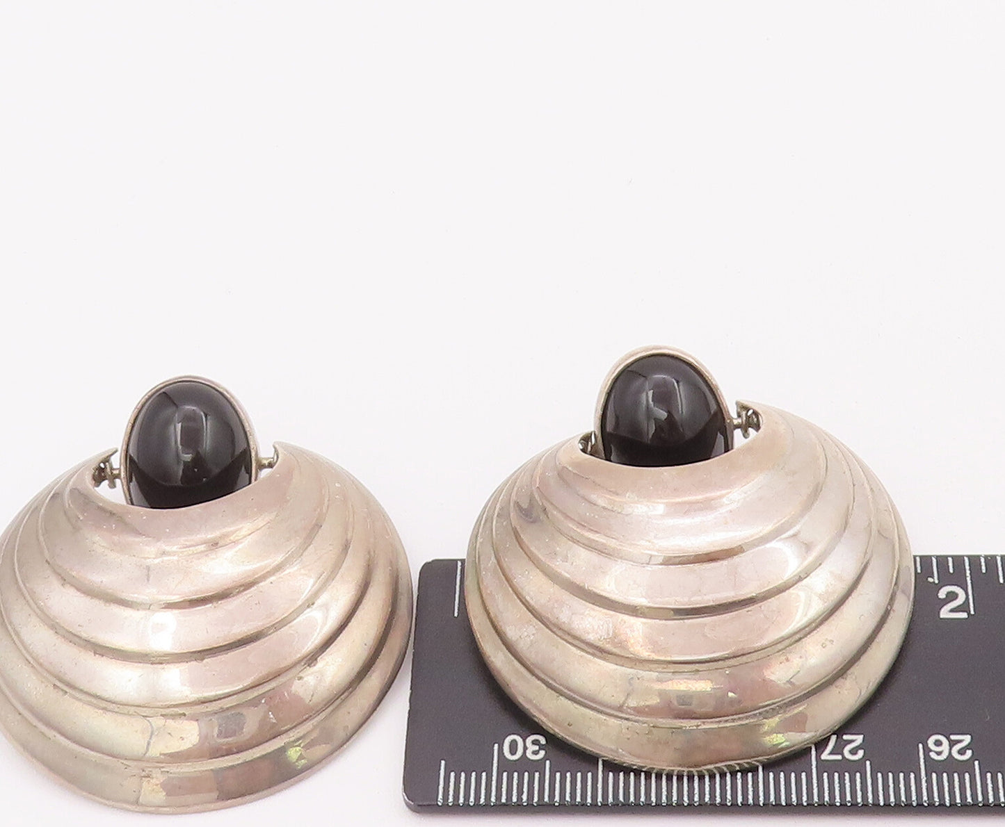 14k Gold 925 Sterling Silver Vintage Earrings Domed Grooved Oval Onyx  EG12927