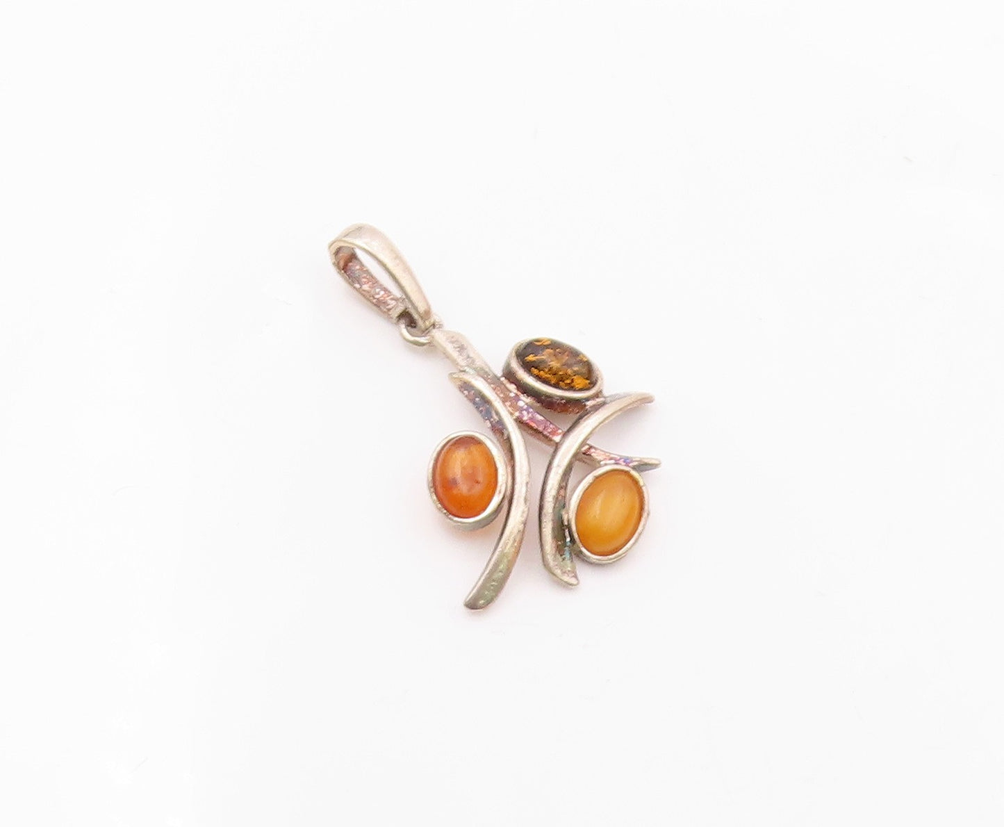 925 Sterling Silver  Vintage Cabochon Cut Amber 3 Stone Pendant  PT15701