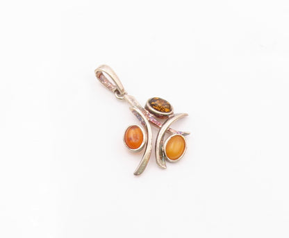 925 Sterling Silver  Vintage Cabochon Cut Amber 3 Stone Pendant  PT15701