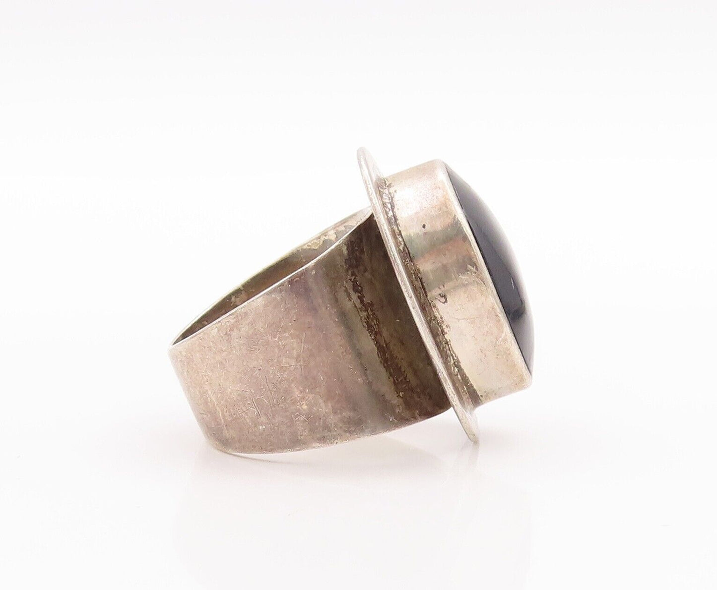 925 Sterling Silver Vintage Ring MEXICO Oval Solid Large Onyx  Sz 8  RG28614