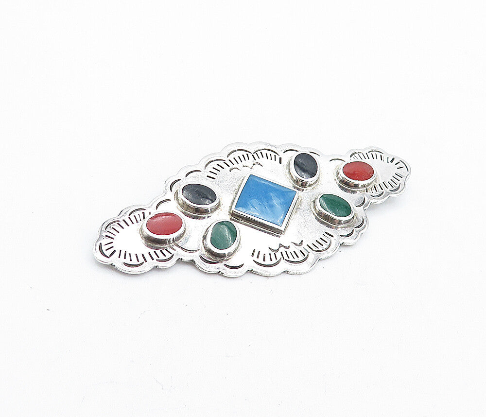 MEXICO 925 Sterling Silver Vintage Multi Gemstone Etched Brooch Pin BP1563