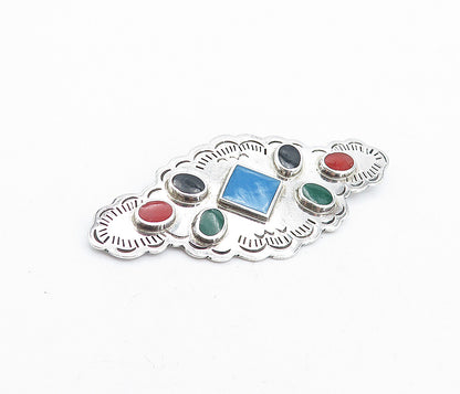 MEXICO 925 Sterling Silver Vintage Multi Gemstone Etched Brooch Pin BP1563