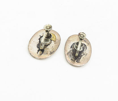 MEXICO 925 Silver  Vintage Inlaid Jasper Oval Non Pierce Drop Earrings  EG4590
