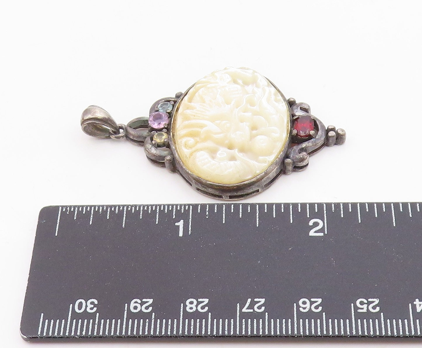 925 Sterling Silver  Vintage Mother Of Pearl & Topaz Dragon Pendant  PT7278