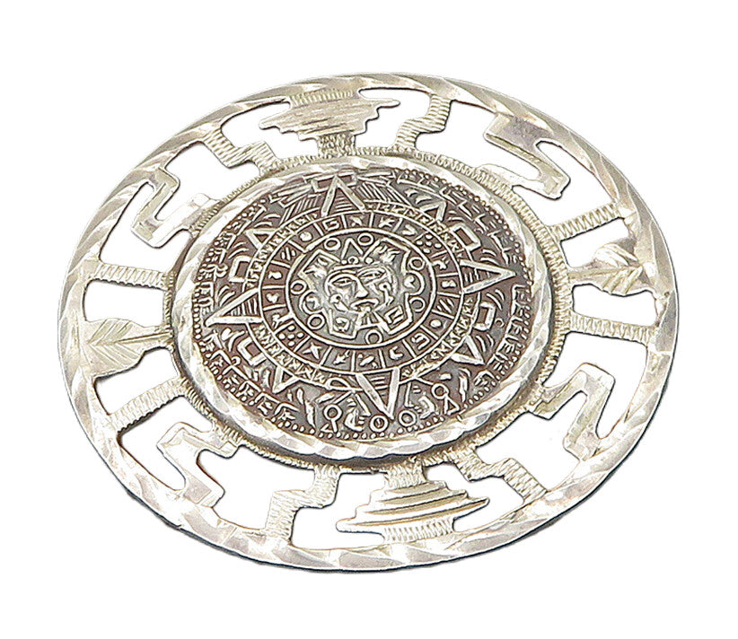 MEXICO 925 Sterling Silver  Vintage Mayan Aztec Sun Calendar Brooch Pin BP6588