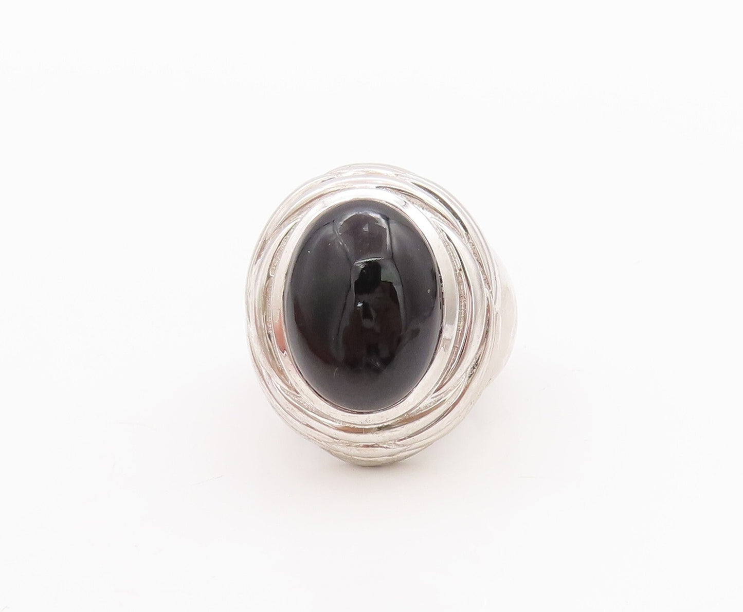 925 Sterling Silver Vintage Ring Oval Cabochon Onyx Grooved Dome Sz 8  RG29049
