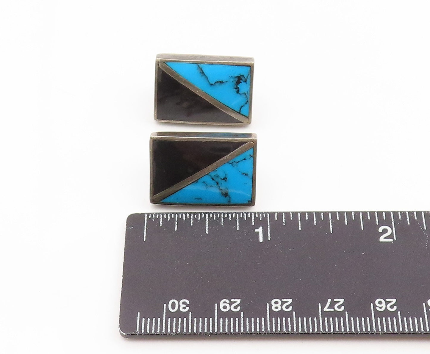 925 Sterling Silver Vintage Earrings MEXICO Turquoise & Onyx Inlay Stud  EG14154
