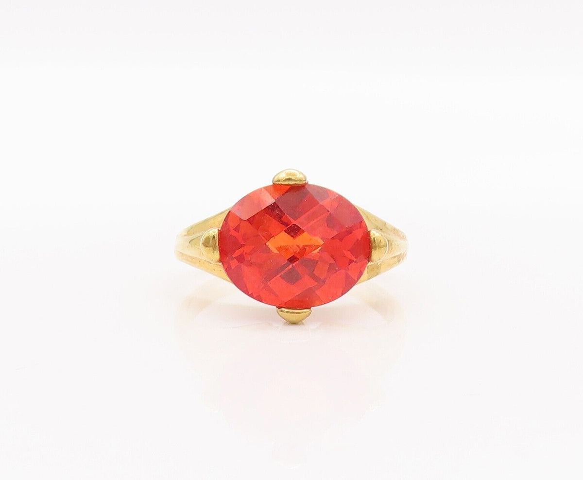 925 Sterling Silver Vintage Ring Gold Plated Solid Oval Cut Red CZ  Sz 8 RG28192